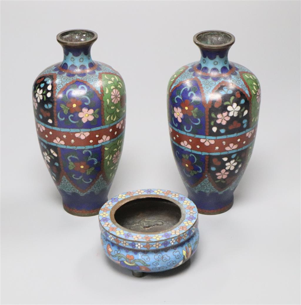 A pair of Chinese cloisonne vases and a similar small bowl